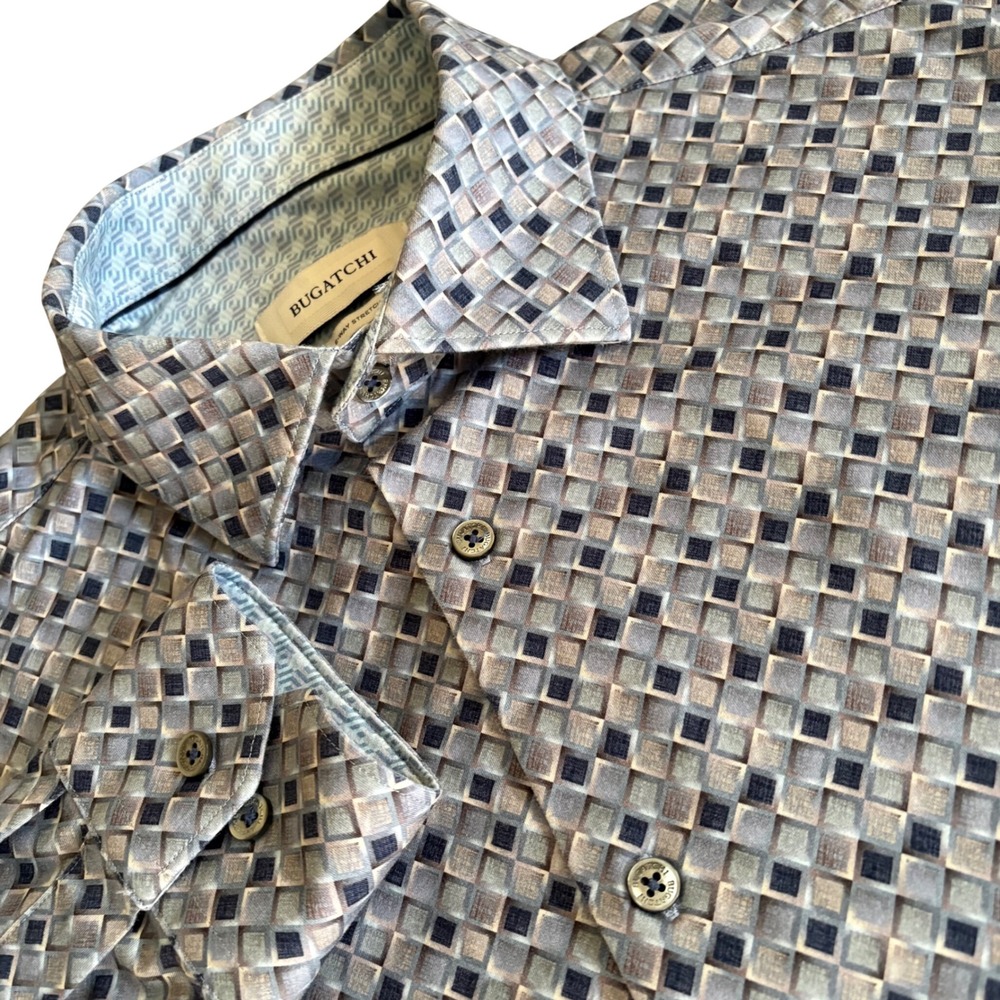 Bugatchi Button Down Shirt Mens L Blue Geometric 8-Way Stretch Long Sleeve